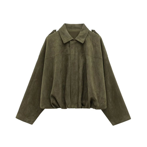 PB&ZA 2025 Women Faux Suede Collared Jacket with Shoulder Straps Loose