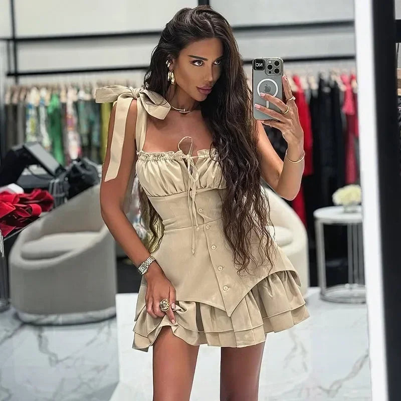 Women's Clothing 2025 Summer New Temperament Bow Lace-up Buckle Irregular Suspender Dress