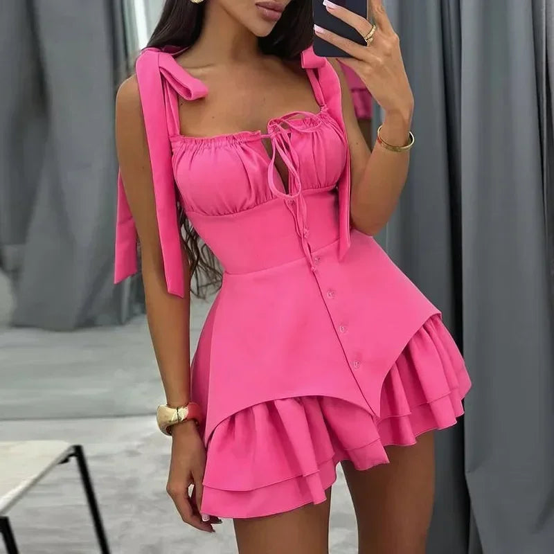 Women's Clothing 2025 Summer New Temperament Bow Lace-up Buckle Irregular Suspender Dress