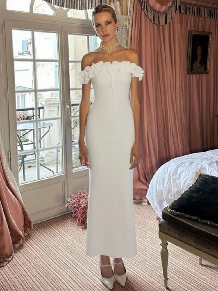 Women's Off Shoulder Slash Neck Ruched Long Dresses Female 2025 Summer Sleeveless Lace-up Backless Bodycon Vacation Party Dress - Roberto Fashion House