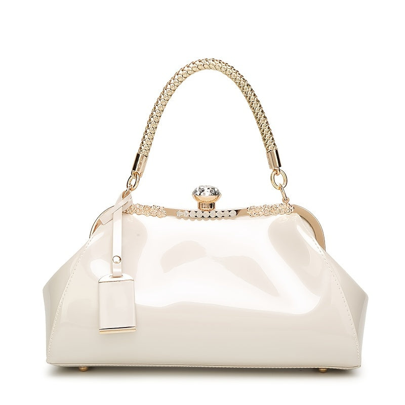 Glossy Patent Women'S Handbag with Diamonds, Solid Color Evening Bag with Adjustable Shoulder Strap, Polyester Lined, Buckle Closure, Occasion Theme, Evening Ba - Roberto Fashion House