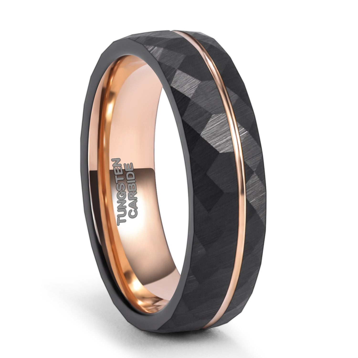 1pc 6mm (0.24'')/8mm (0.31'') Fashion Inlaid Rose Golden Wire Black Rhombic Men's Tungsten Steel Ring - Roberto Fashion House