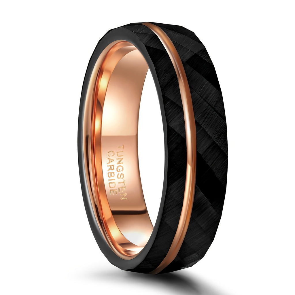 1pc 6mm (0.24'')/8mm (0.31'') Fashion Inlaid Rose Golden Wire Black Rhombic Men's Tungsten Steel Ring - Roberto Fashion House