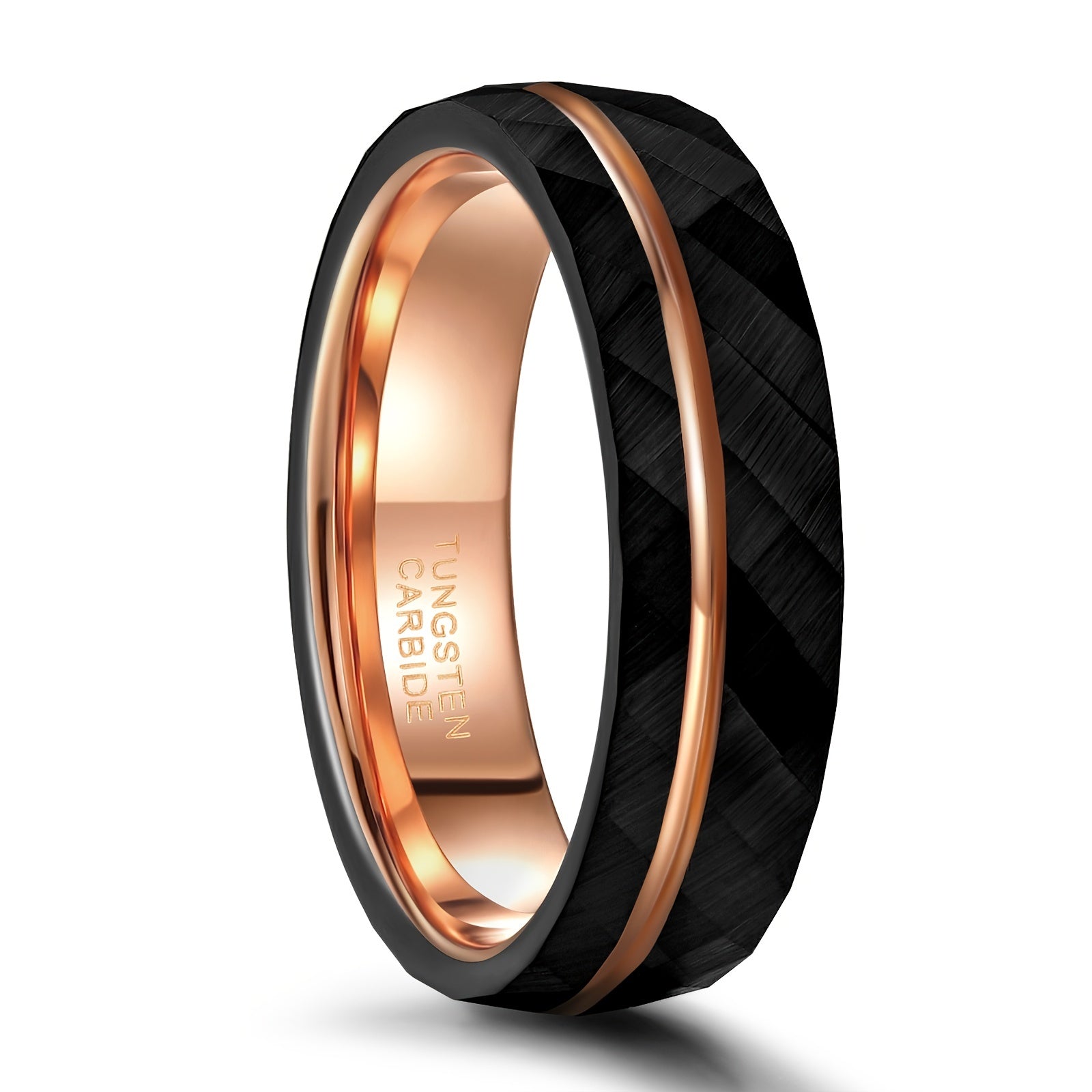 1pc 6mm (0.24'')/8mm (0.31'') Fashion Inlaid Rose Golden Wire Black Rhombic Men's Tungsten Steel Ring - Roberto Fashion House