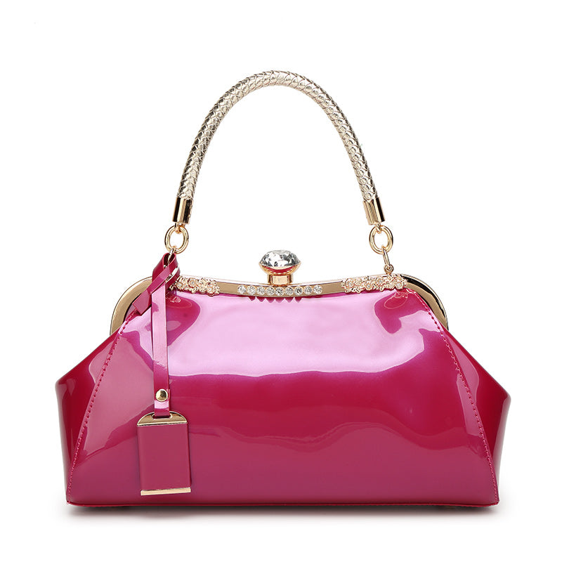 Glossy Patent Women'S Handbag with Diamonds, Solid Color Evening Bag with Adjustable Shoulder Strap, Polyester Lined, Buckle Closure, Occasion Theme, Evening Ba - Roberto Fashion House