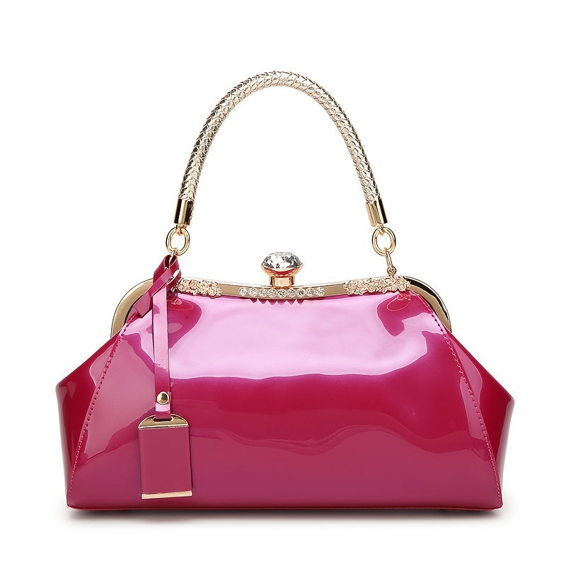 Glossy Patent Women'S Handbag with Diamonds, Solid Color Evening Bag with Adjustable Shoulder Strap, Polyester Lined, Buckle Closure, Occasion Theme, Evening Ba - Roberto Fashion House
