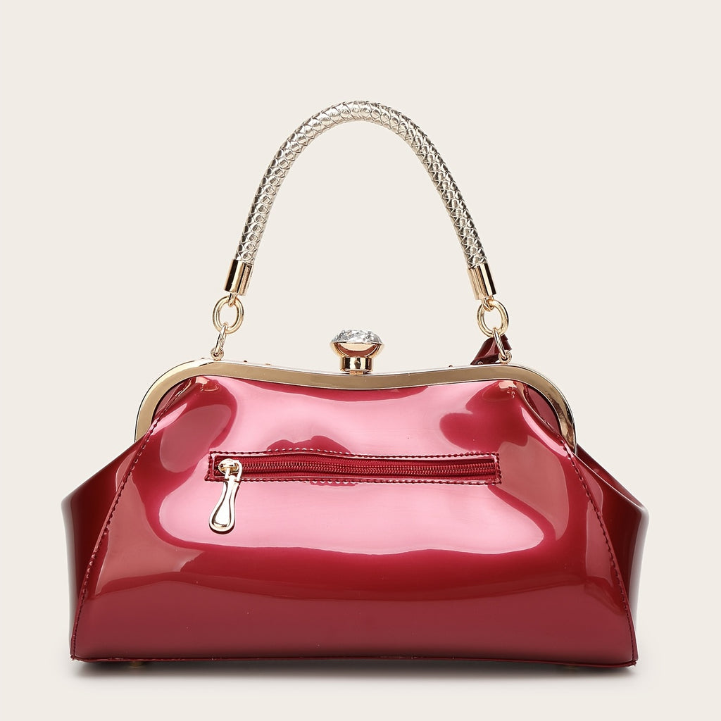 Glossy Patent Women'S Handbag with Diamonds, Solid Color Evening Bag with Adjustable Shoulder Strap, Polyester Lined, Buckle Closure, Occasion Theme, Evening Ba - Roberto Fashion House