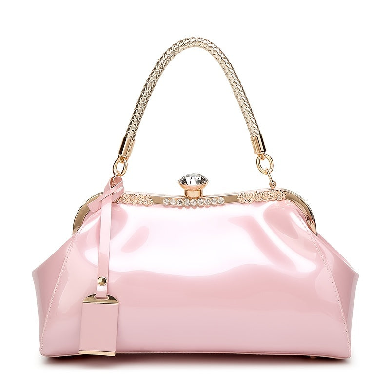Glossy Patent Women'S Handbag with Diamonds, Solid Color Evening Bag with Adjustable Shoulder Strap, Polyester Lined, Buckle Closure, Occasion Theme, Evening Ba - Roberto Fashion House