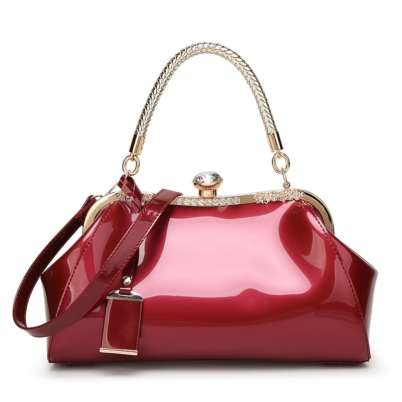 Glossy Patent Women'S Handbag with Diamonds, Solid Color Evening Bag with Adjustable Shoulder Strap, Polyester Lined, Buckle Closure, Occasion Theme, Evening Ba - Roberto Fashion House