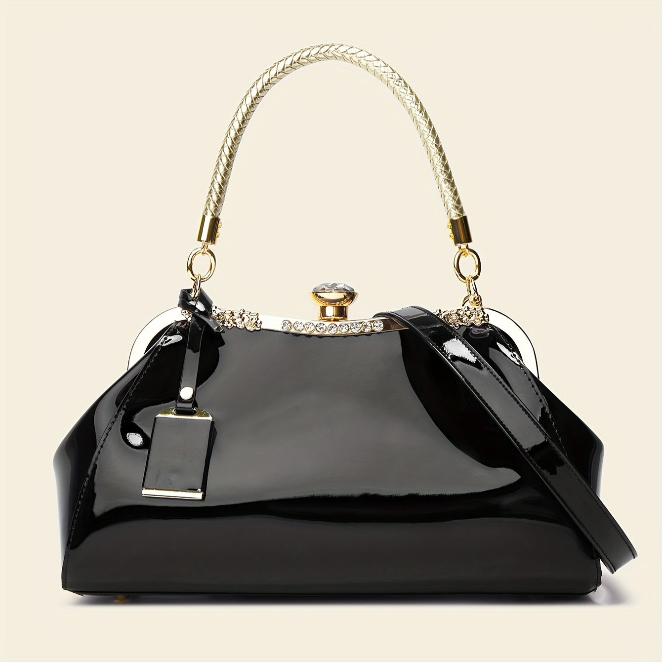 Glossy Patent Women'S Handbag with Diamonds, Solid Color Evening Bag with Adjustable Shoulder Strap, Polyester Lined, Buckle Closure, Occasion Theme, Evening Ba - Roberto Fashion House