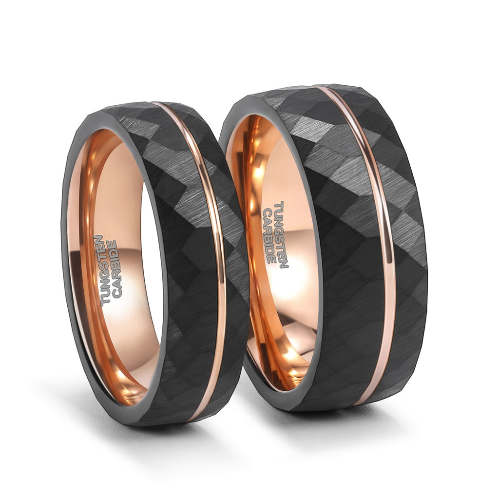 1pc 6mm (0.24'')/8mm (0.31'') Fashion Inlaid Rose Golden Wire Black Rhombic Men's Tungsten Steel Ring - Roberto Fashion House