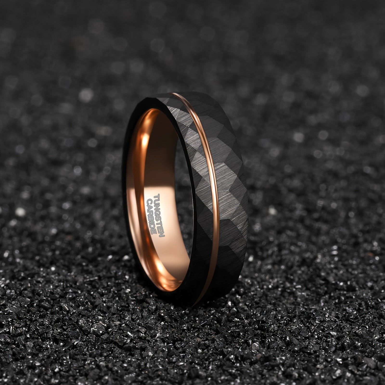 1pc 6mm (0.24'')/8mm (0.31'') Fashion Inlaid Rose Golden Wire Black Rhombic Men's Tungsten Steel Ring - Roberto Fashion House