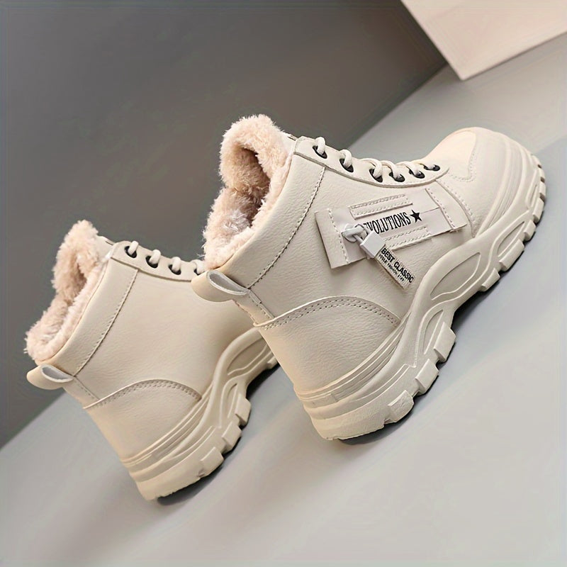 Women'S K2001 High-Top Winter Boots - Stylish White Lace-Up with Faux Fur Lining, Waterproof PVC Sole, Casual All-Season Footwear, Casual Winter Boots|Faux Fur Lined Boots|Laceup Boots - Roberto Fashion House