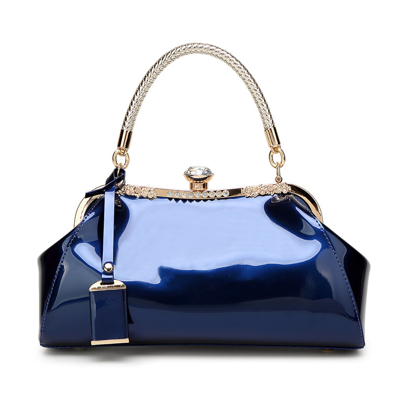 Glossy Patent Women'S Handbag with Diamonds, Solid Color Evening Bag with Adjustable Shoulder Strap, Polyester Lined, Buckle Closure, Occasion Theme, Evening Ba - Roberto Fashion House