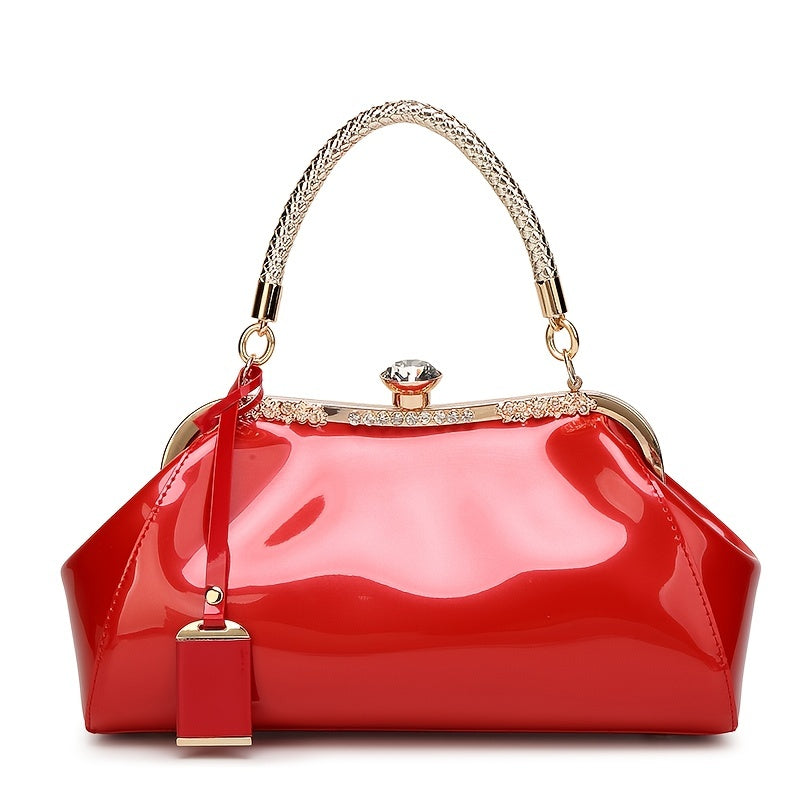 Glossy Patent Women'S Handbag with Diamonds, Solid Color Evening Bag with Adjustable Shoulder Strap, Polyester Lined, Buckle Closure, Occasion Theme, Evening Ba - Roberto Fashion House