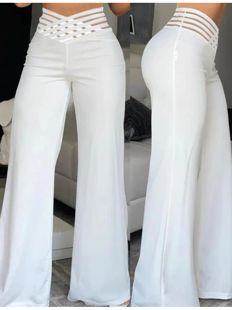 Elegant High Waist Flared Women Pants Office Casual Crisscross Sheer Mesh Patch Mesh Patch Casual Trousers Women Clothes - Roberto Fashion House