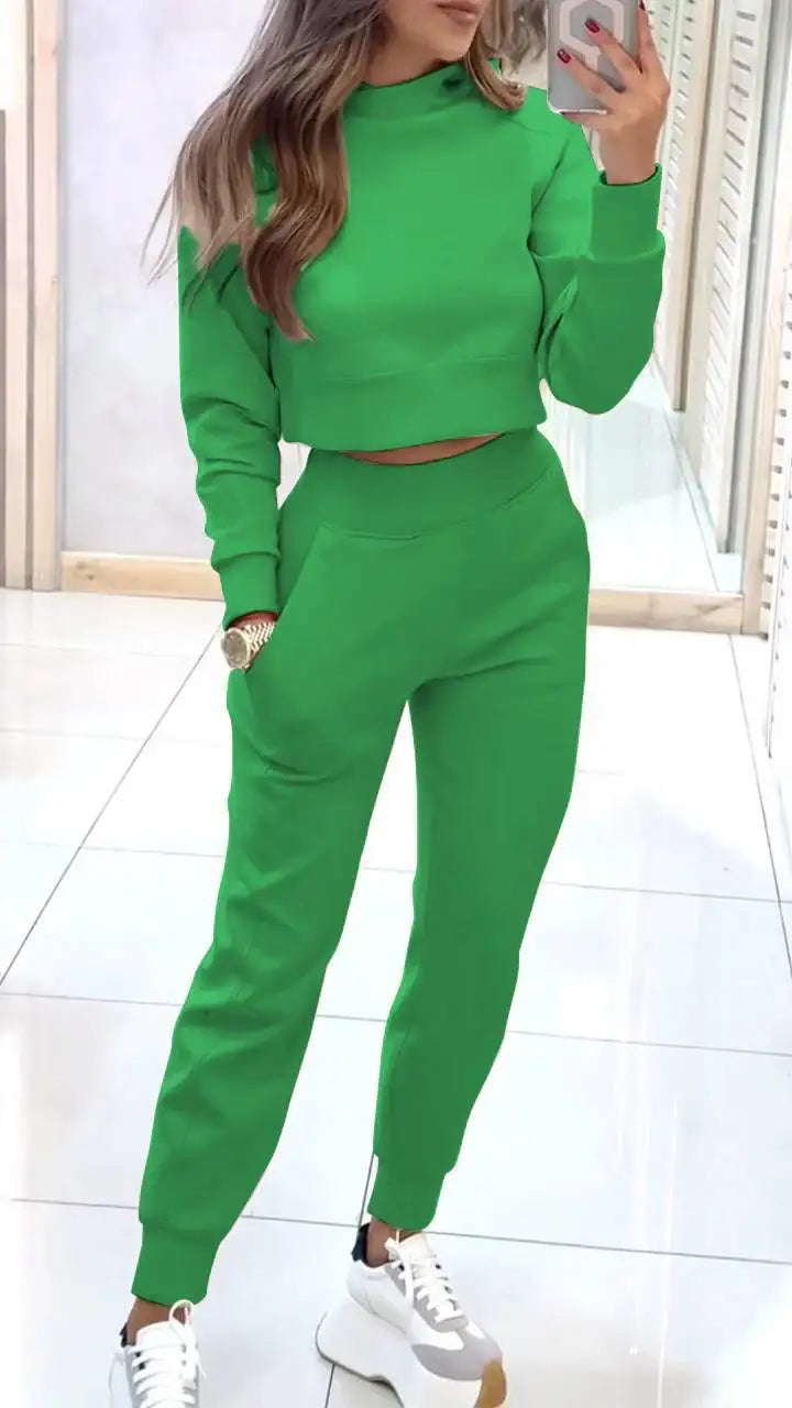 Women Elegant Autumn Solid Color Pants 2-piece Set Fashion Long-sleeved Half Turtleneck Short Top + Nine-point Slim Suit Female