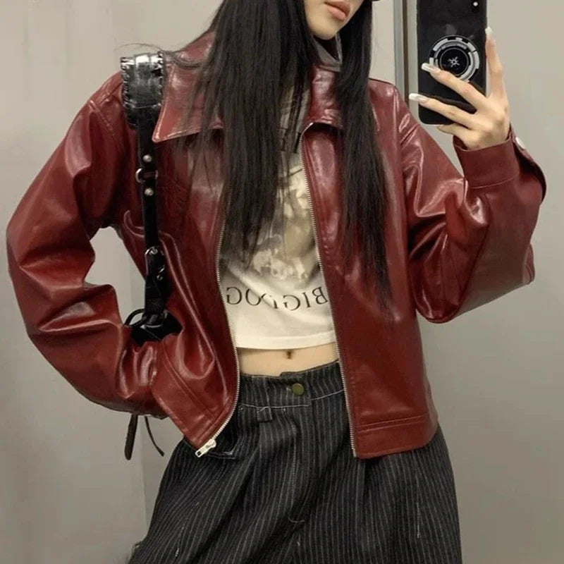 Retro red lapel leather jacket for women's early autumn new sweet and cool girl loose jacket top  winter coat women