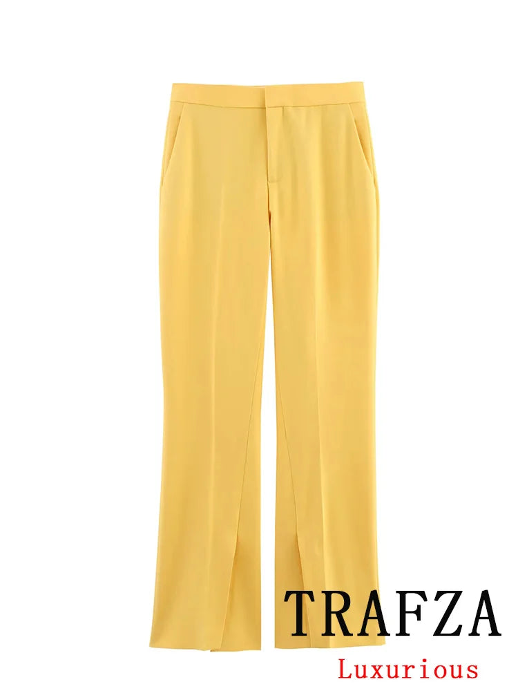 TRAFZA Vintage Office Lady Yellow Solid Suit V Neck Pockets Double Breasted Blazer Straight Loose Pants New Fashion 2025 Sets