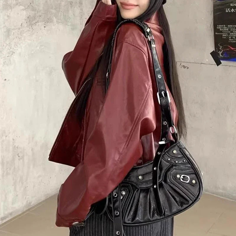 Retro red lapel leather jacket for women's early autumn new sweet and cool girl loose jacket top  winter coat women