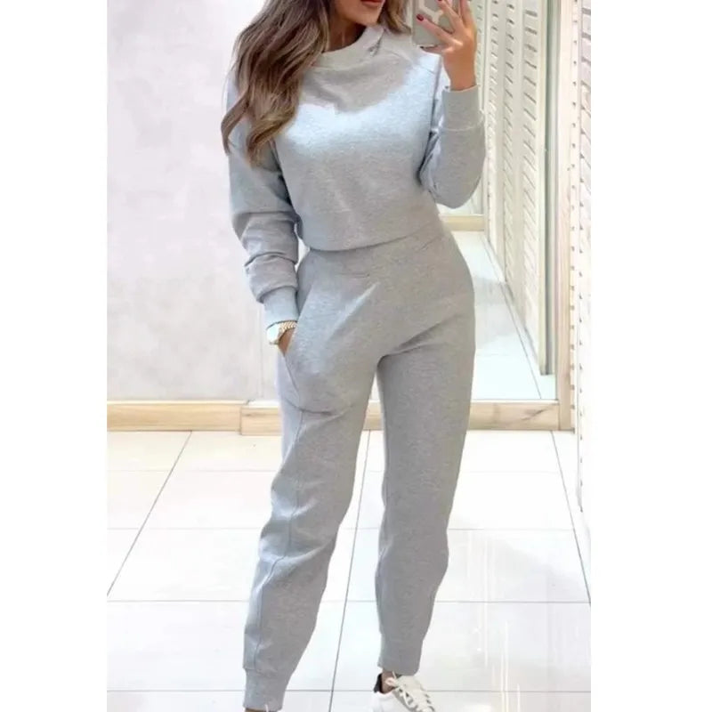Women Elegant Autumn Solid Color Pants 2-piece Set Fashion Long-sleeved Half Turtleneck Short Top + Nine-point Slim Suit Female