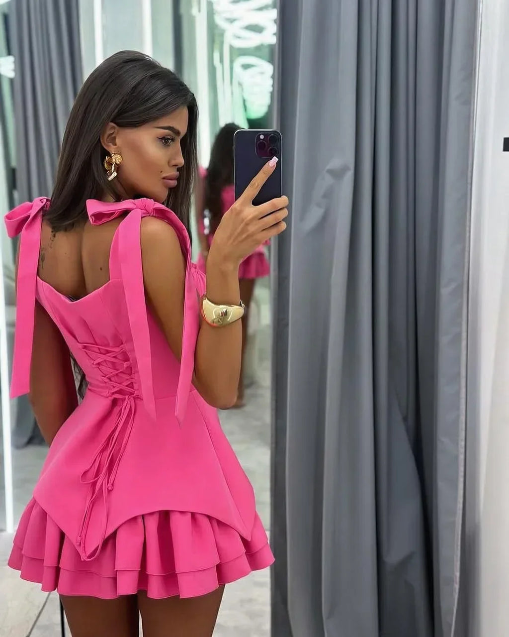 Women's Clothing 2025 Summer New Temperament Bow Lace-up Buckle Irregular Suspender Dress