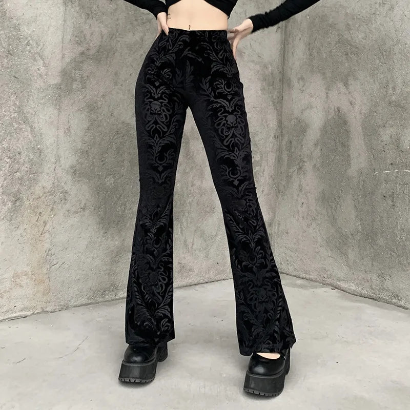 Y2K Velvet Pants Gothic See Through Winter Mesh Patchwork Grunge Streetwear Vintage Black E Girl Leg Belted Flared Pants - Roberto Fashion House