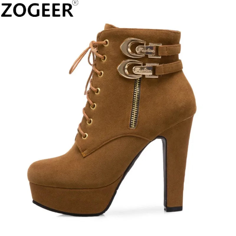 Fashion Women's Ankle Boots High Heeled Platform Short Boot Female Buckle Flock Zipper Gray Ladies Party Shoes Large Size 50 - Roberto Fashion House