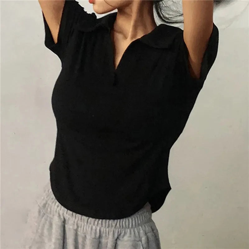 Summer Short Sleeve Lapel Top Women'S Solid V-Neck Pullovers Retro Sweet Shirts Hot Girl Crop Top Female Slim Versatile Tee - Roberto Fashion House
