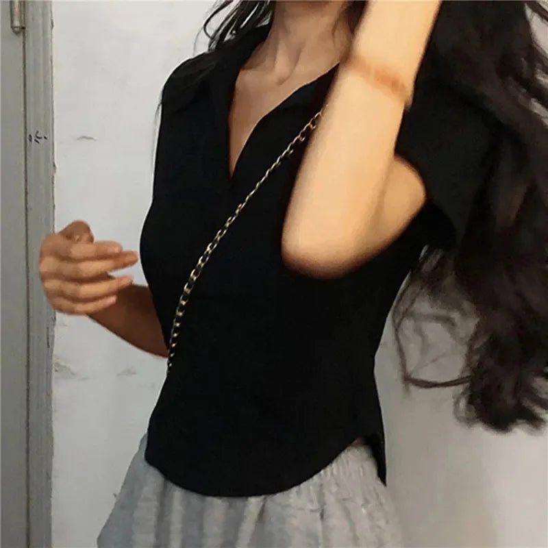 Summer Short Sleeve Lapel Top Women'S Solid V-Neck Pullovers Retro Sweet Shirts Hot Girl Crop Top Female Slim Versatile Tee - Roberto Fashion House