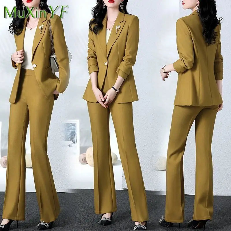 2025 Spring New Fashion Suit Professional Wear Women's Korean Elegant Blazers Blouse Jacket + High Waist Pants Two Piece Set - Roberto Fashion House