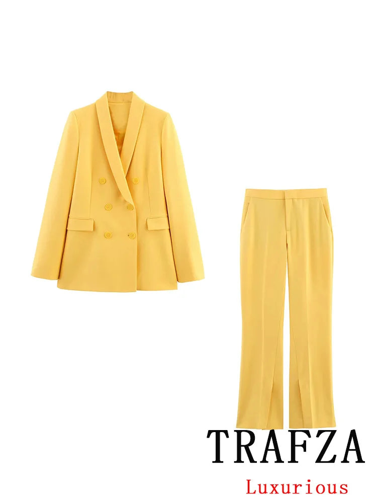 TRAFZA Vintage Office Lady Yellow Solid Suit V Neck Pockets Double Breasted Blazer Straight Loose Pants New Fashion 2025 Sets
