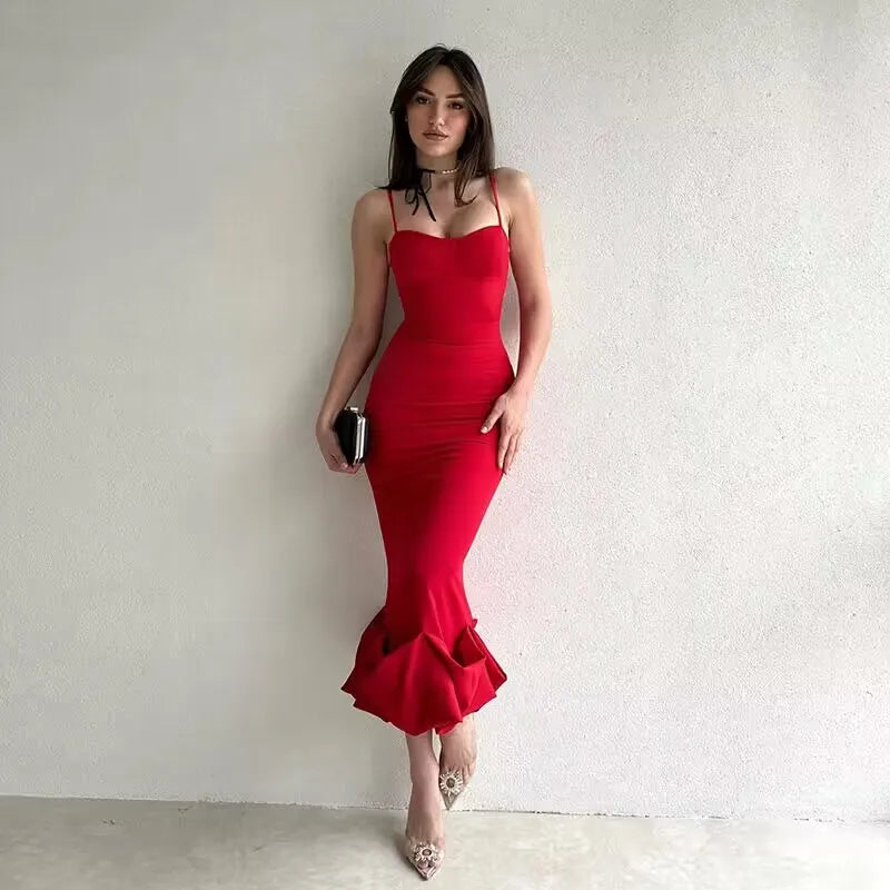 Sexy Sleeveless Backless Midi Dress Women  Summer Fashion Bodycon Elegant Ruffles Eged Birthday Party Club Pencil Dess - Roberto Fashion House