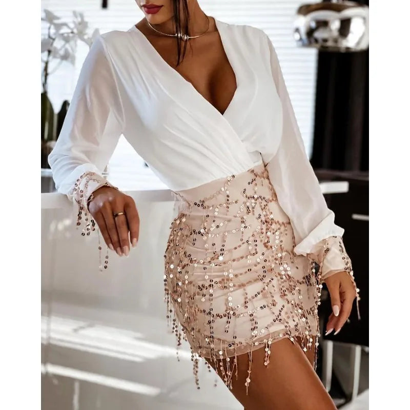 Women's Sexy Slim High Waist Sequined Tassel Dress Spring Summer New Dress Women's Fashion Long Sleeve V-neck Mini Dress - Roberto Fashion House