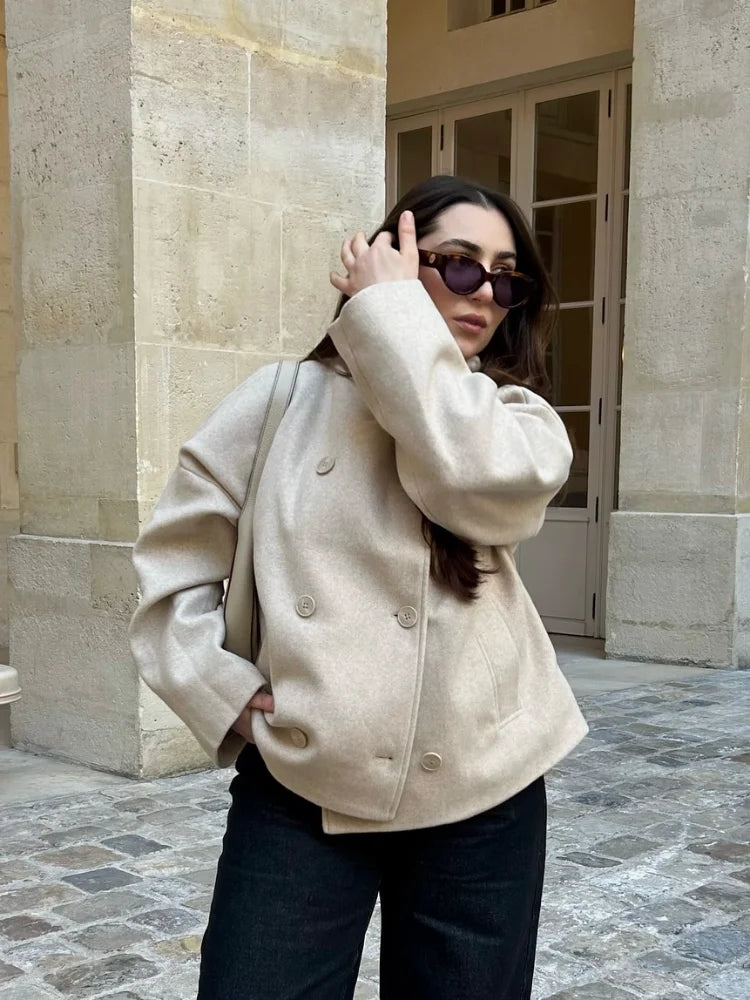2025 Autumn Woolen Coats Women Casual Double Breasted Stand Collar Female Office Short Jackets Chic Lady Loose Street Outwear