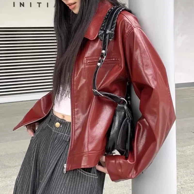Retro red lapel leather jacket for women's early autumn new sweet and cool girl loose jacket top  winter coat women