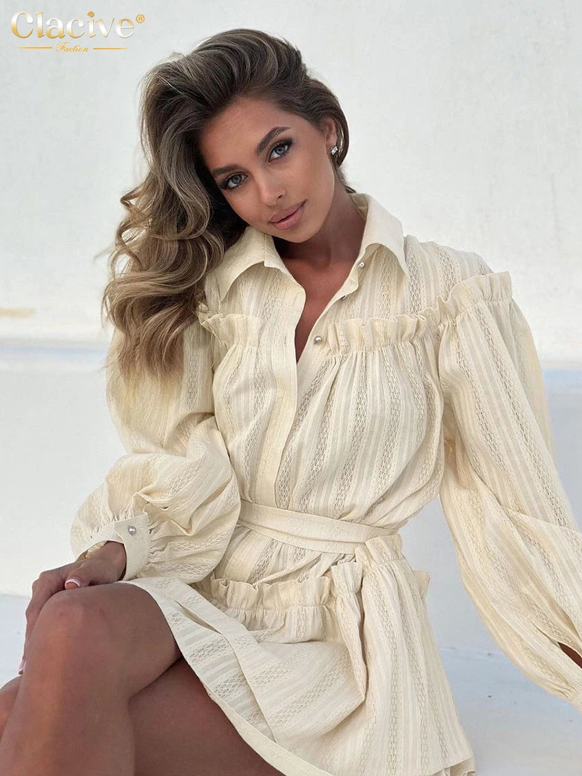 Clacive Fashion Loose Beige Cotton Women's Dress 2025 Casual Lapel Long Sleeve Mini Dresses Elegant Classic Lace-Up Female Dress - Roberto Fashion House