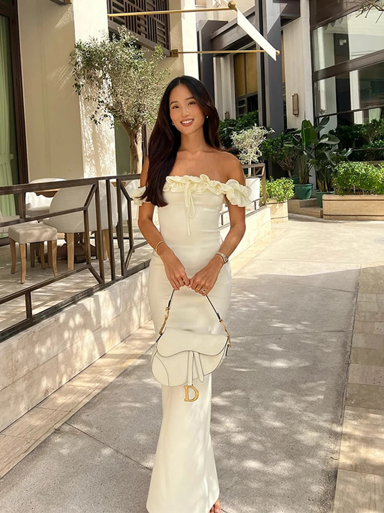 Sexy Off Shoulder Ruffles Women's Dresses Fashionable Lace Up Solid Slim Fit Long Dress Female Summer Beach Holiday Party - Roberto Fashion House
