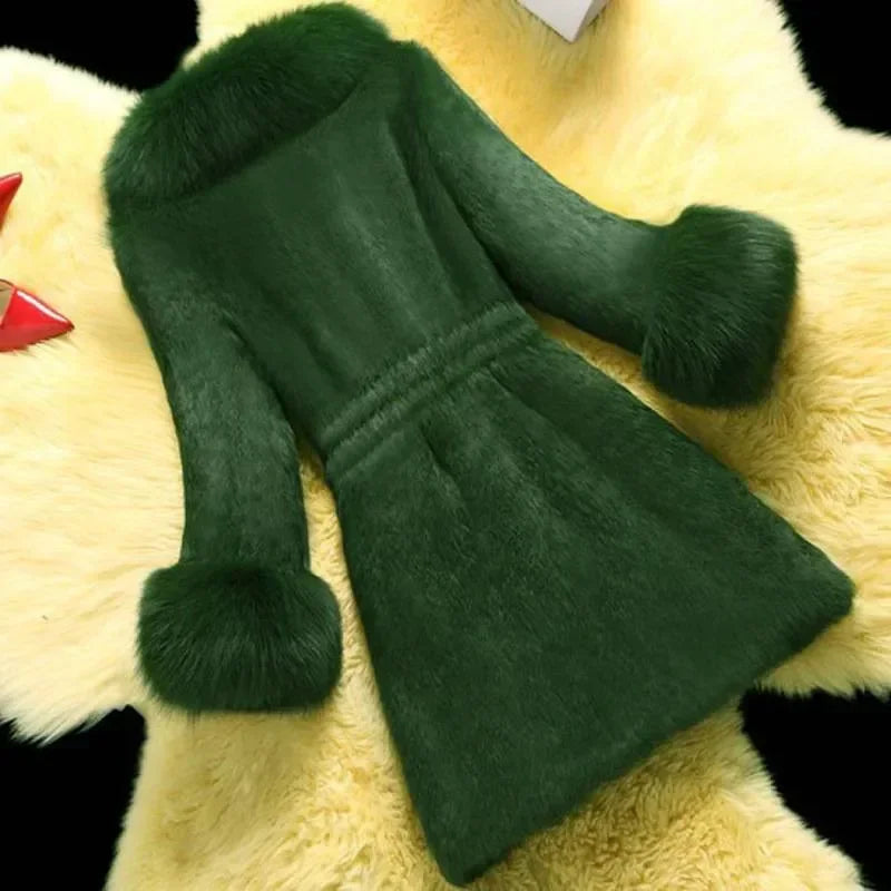 Korea Fashion Imitation Rabbit Hair Jacket Women's Elegant Fake Fur Coat Female Clothing Winter Slim Warm Mid-Long Overcoat