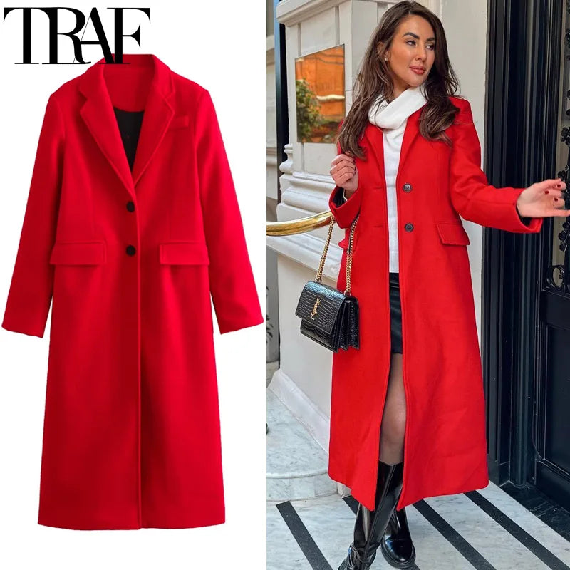 TRAF Winter Coats Woman 2024 Red Long Coats For Women Autumn Faux Wool Coat Casual Long Sleeve Coat Elegant Women's Overcoat - Roberto Fashion House