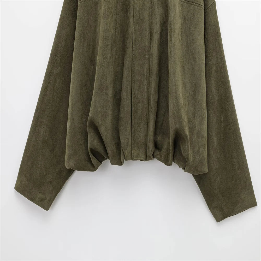 PB&ZA 2025 Women Faux Suede Collared Jacket with Shoulder Straps Loose