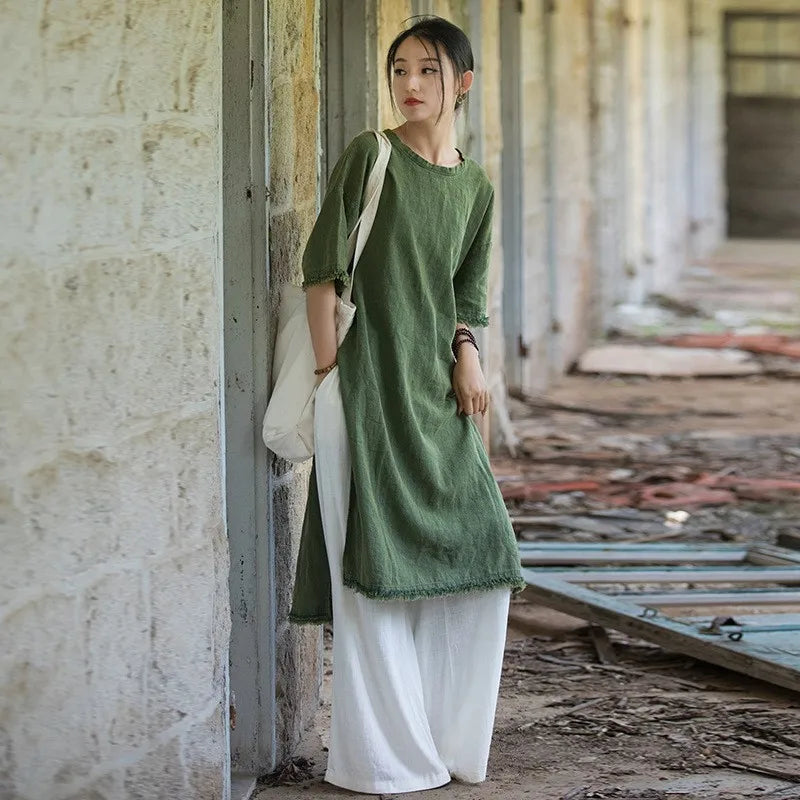 Johnature Women Vintage Ramie Dress O-neck Half Sleeve Solid Color 2025 Summer New Chinese Style Women Robes Soft Dress - Roberto Fashion House