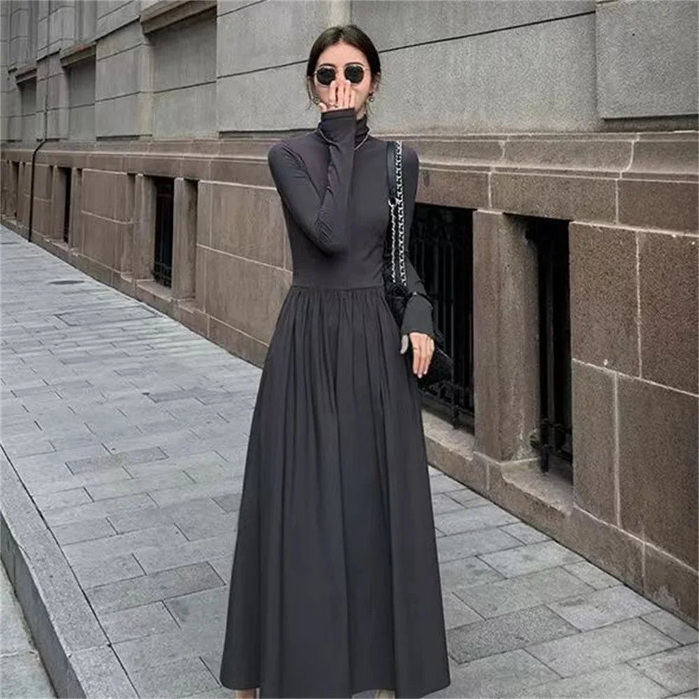 Women's Spring Autumn Simple Solid Color Half High Collar Long Sleeve Elegant Dress Women Clothes Fashion Vintage Long Dress