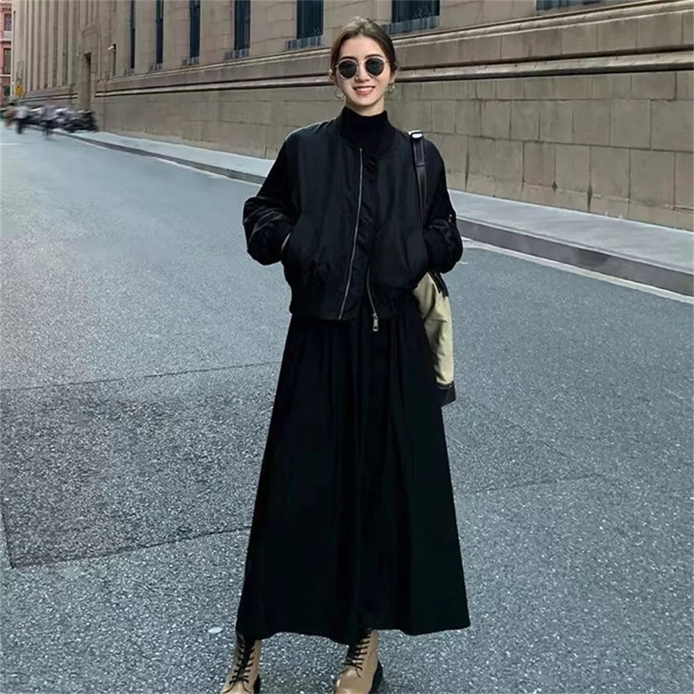 Women's Spring Autumn Simple Solid Color Half High Collar Long Sleeve Elegant Dress Women Clothes Fashion Vintage Long Dress