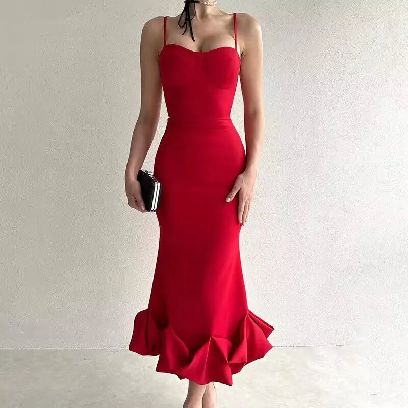 Sexy Sleeveless Backless Midi Dress Women  Summer Fashion Bodycon Elegant Ruffles Eged Birthday Party Club Pencil Dess - Roberto Fashion House
