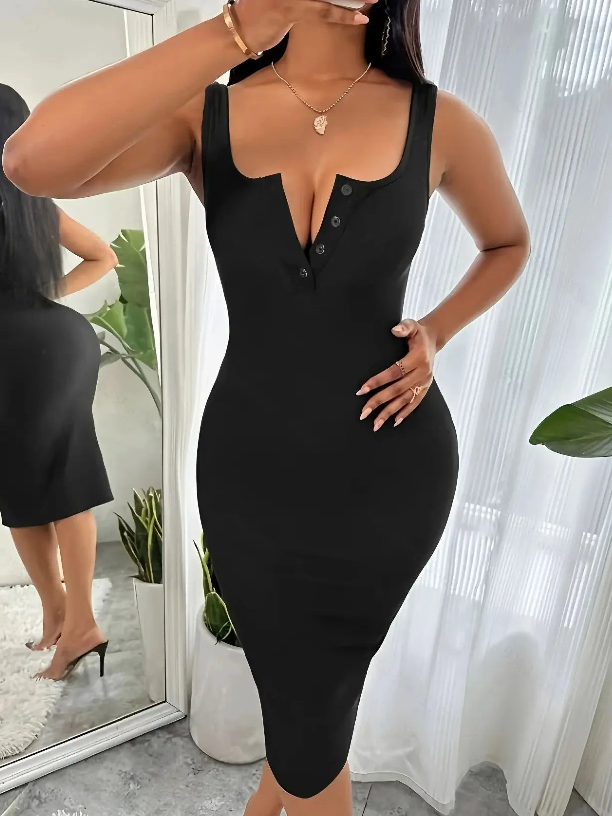 European and American spring and summer new U-neck open tube with buttons fitted sleeveless casual pure color women's dress