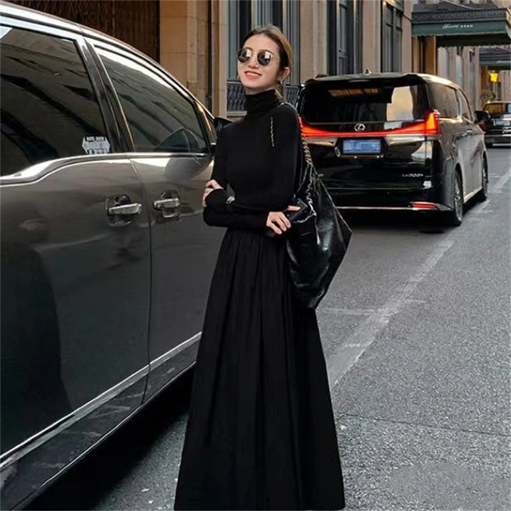 Women's Spring Autumn Simple Solid Color Half High Collar Long Sleeve Elegant Dress Women Clothes Fashion Vintage Long Dress