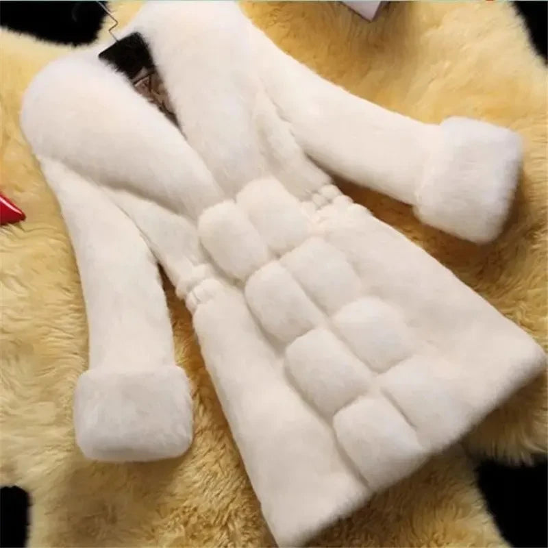 Korea Fashion Imitation Rabbit Hair Jacket Women's Elegant Fake Fur Coat Female Clothing Winter Slim Warm Mid-Long Overcoat