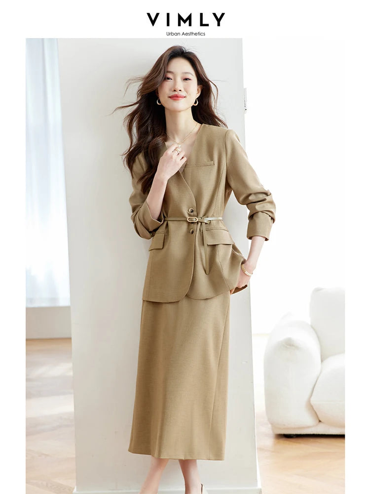 Vimly 2024 Spring Outfits Blazer Skirt 2 Pieces Sets for Women Elegant Fashion Matching Sets Jacket Split Skirt Suit with Belt - Roberto Fashion House
