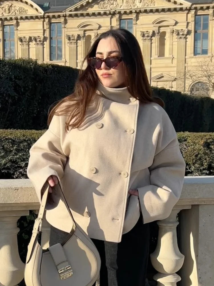 2025 Autumn Woolen Coats Women Casual Double Breasted Stand Collar Female Office Short Jackets Chic Lady Loose Street Outwear